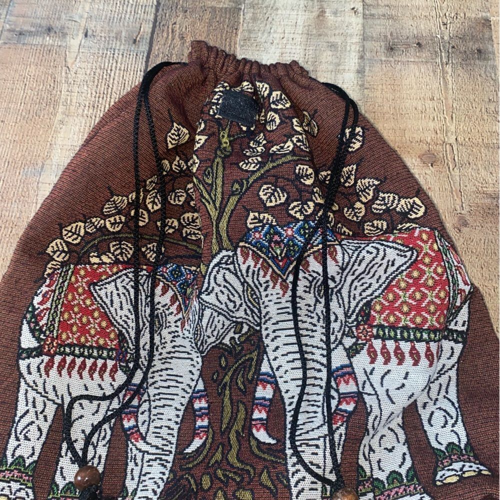 Embroidered Elephant and Tree Cotton Drawstring Backpack, "Elephant Tree" - Picture 9 of 13